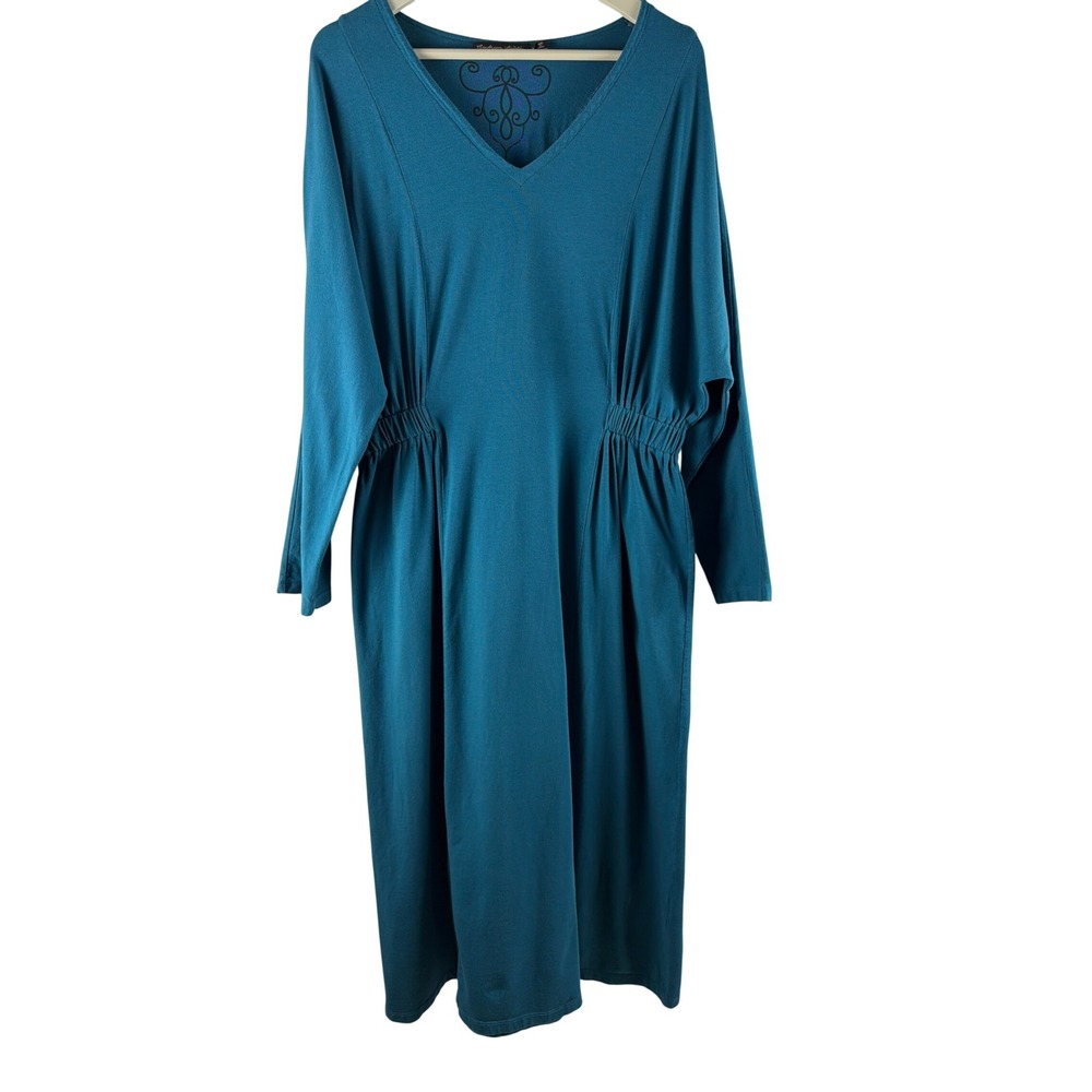 Gudrun Sjoden Teal Organic Cotton Modal V-Neck Cinched Waist Midi Maxi Dress L